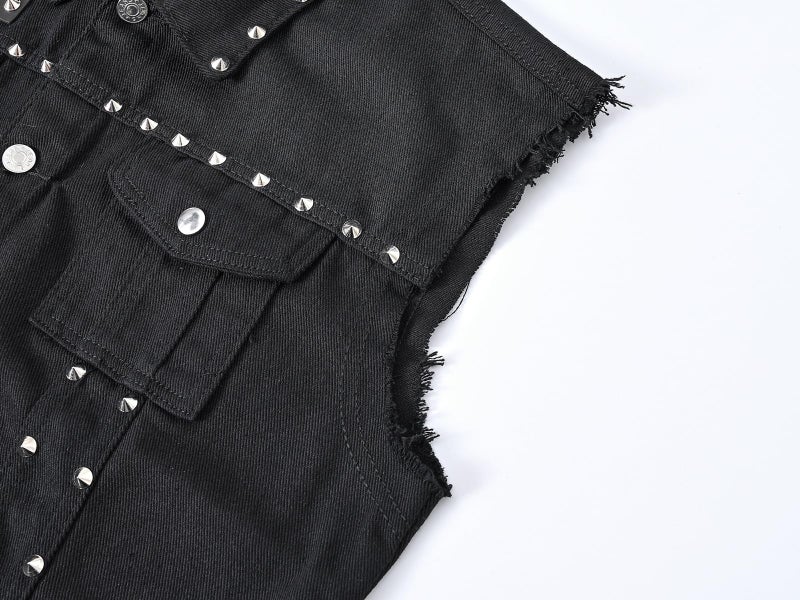 DSDZ Men's Punk Denim Vest Sleeveless Jean Jackets With Rivets (US L, Black) - Image 5